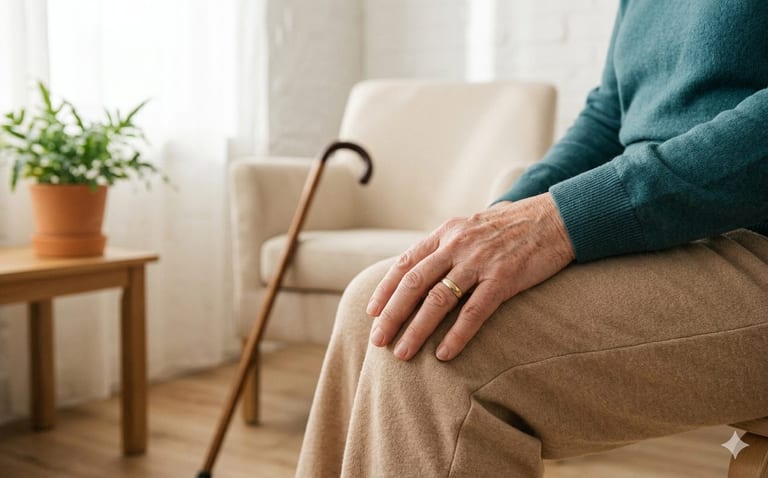 Patient walking with assistance during knee replacement recovery