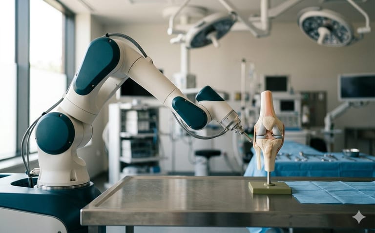 Robotic-assisted knee replacement surgery in operating theatre