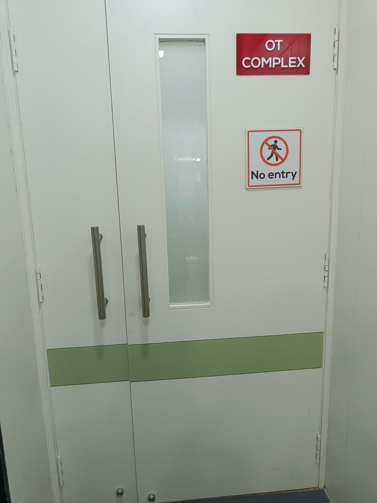 Entrance to operating theatre complex at Osteon Orthopedic Hospital, marked OT Complex No Entry, Pimple Saudagar