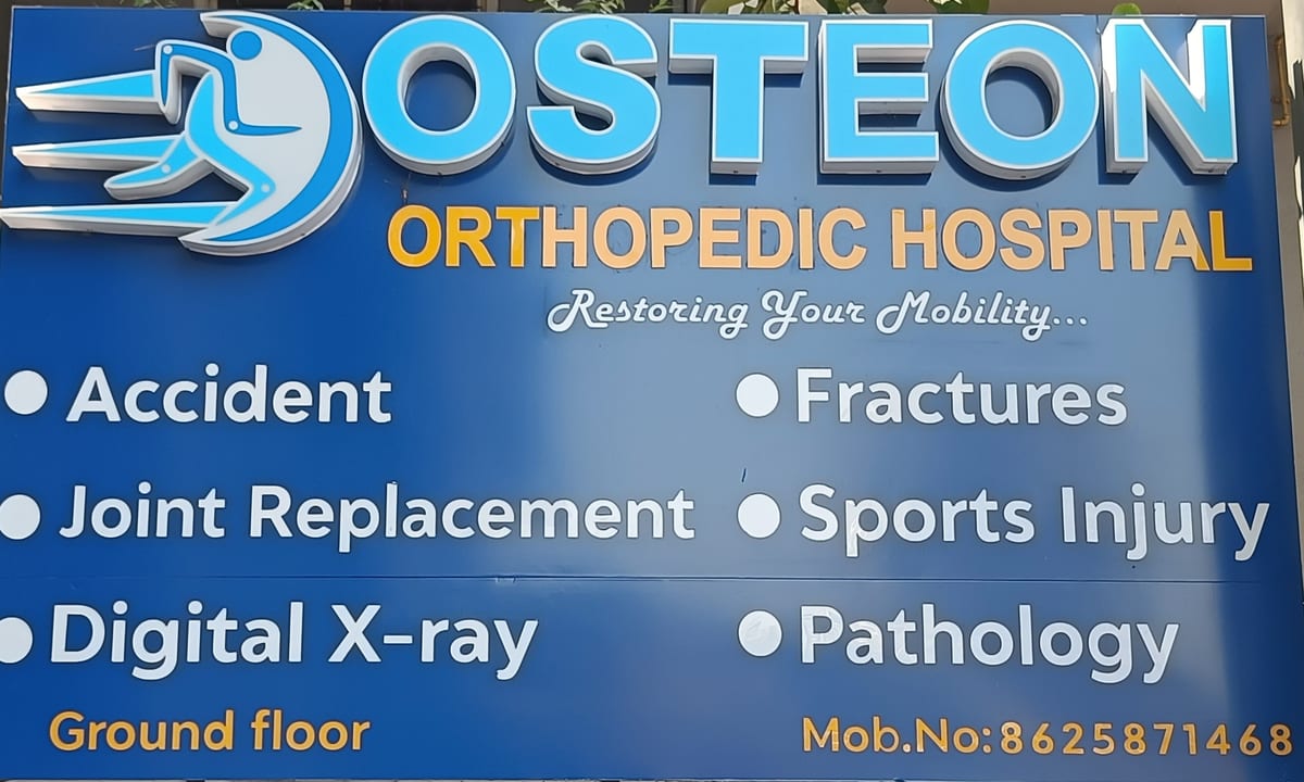 Osteon Orthopedic Hospital ground floor signboard with services and contact, Pimple Saudagar, Pune