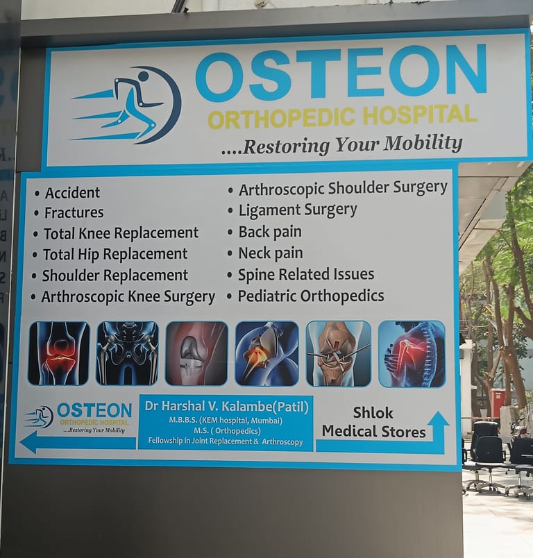 Osteon Orthopedic Hospital outdoor signboard listing services including knee and hip replacement, Pimple Saudagar Pune
